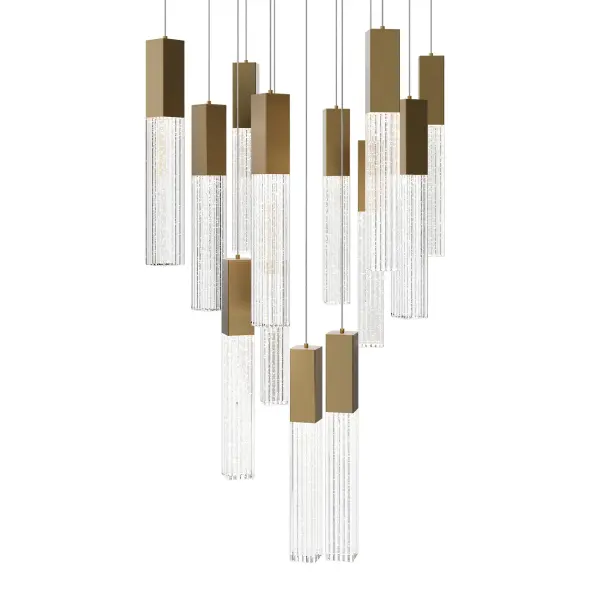 The Cinema Square pendant delivers Hollywood glamour with 13 LED lights encased in V-cut seeded crystal. Adjustable color temperature (2700K-4000K) and luxe aged brass finish make it versatile for modern and transitional spaces.