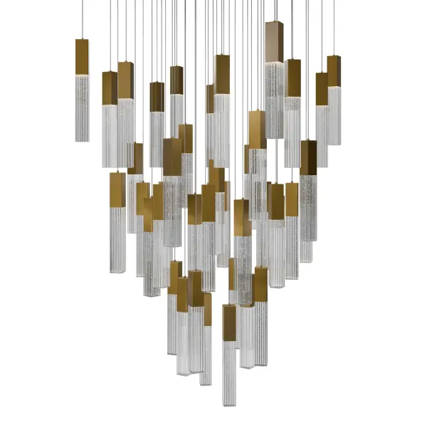 The Cinema Square multi-light pendant delivers Hollywood glamour with 41 individually V-cut seeded crystal lights arranged on a 36-inch square canopy. Color-tunable LEDs and luxe aged brass finish create a stunning focal point.