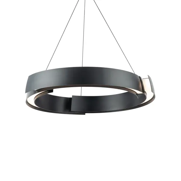 The Battlestar chandelier features a striking geometric design with curved metal forms and integrated LED technology. Its 28-inch diameter and sleek black finish create a bold statement while delivering efficient, high-quality illumination.