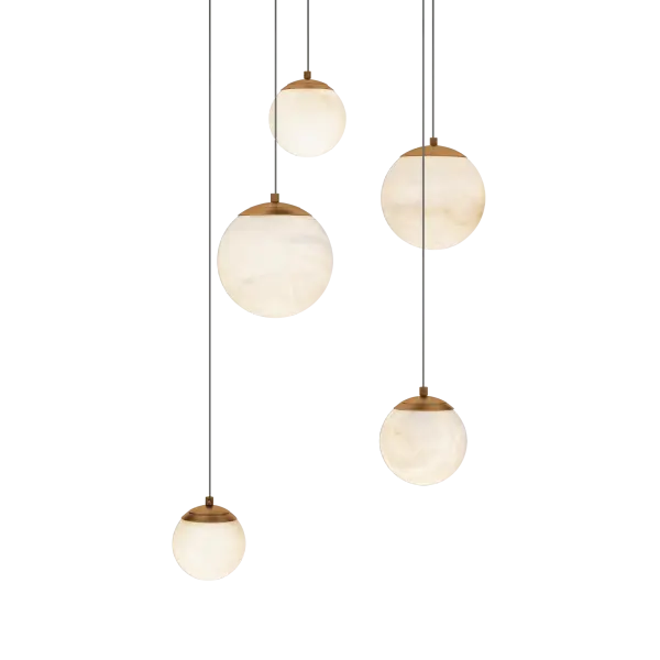 The Pisces multilight pendant creates an entrancing celestial display with five natural Spanish alabaster orbs suspended at varying heights. High-output LED technology delivers 3130 lumens with exceptional color rendering.