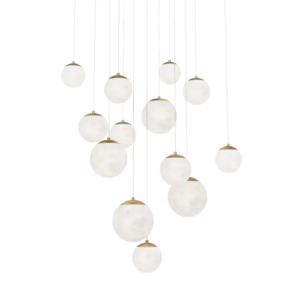 The Pisces multilight pendant transforms spaces with 13 natural Spanish alabaster orbs suspended at varying heights, creating a captivating celestial display. High-output LED technology delivers exceptional illumination while the aged brass finish adds warmth.