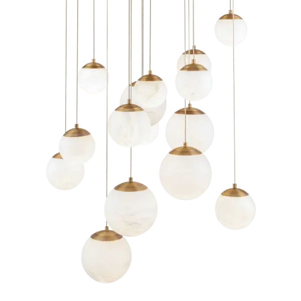 The Pisces multilight pendant transforms spaces with 15 natural Spanish alabaster orbs suspended at varying heights, creating an entrancing celestial glow. High-output LED technology delivers exceptional illumination while the aged brass finish adds warmth.