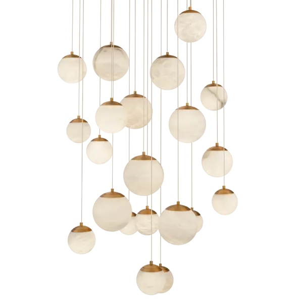 The Pisces multilight pendant creates a dramatic focal point with 21 natural Spanish alabaster orbs suspended at varying heights. Its high-output LED system delivers exceptional illumination while the aged brass finish adds warmth and sophistication to contemporary spaces.