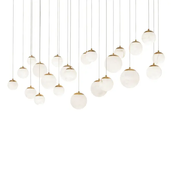 The Pisces multilight pendant creates a dramatic focal point with 23 natural Spanish alabaster orbs suspended at varying heights. Its contemporary design and warm aged brass finish deliver sophisticated ambiance for grand spaces.