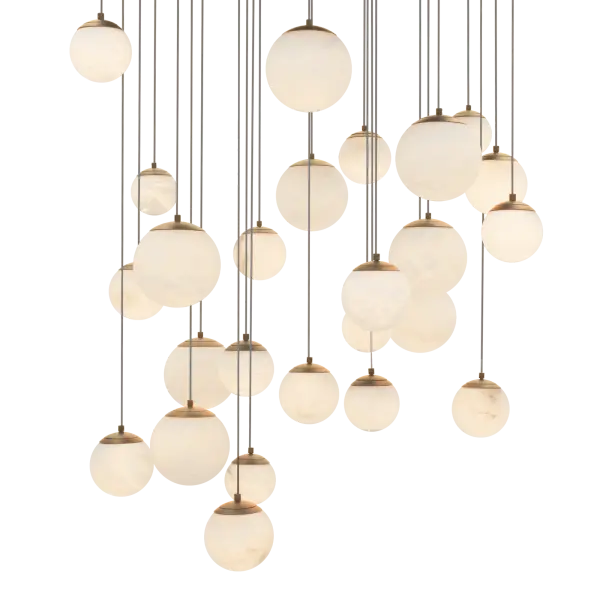 The Pisces multilight pendant creates a dramatic focal point with 25 natural Spanish alabaster orbs suspended at varying heights. Its impressive 28-inch span and warm glow make it perfect for grand spaces requiring sophisticated illumination.