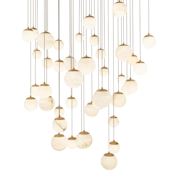 The Pisces transforms any space into an art gallery with its constellation of 41 natural Spanish alabaster spheres suspended at varying heights. This architectural masterpiece delivers exceptional illumination while creating dramatic visual impact.