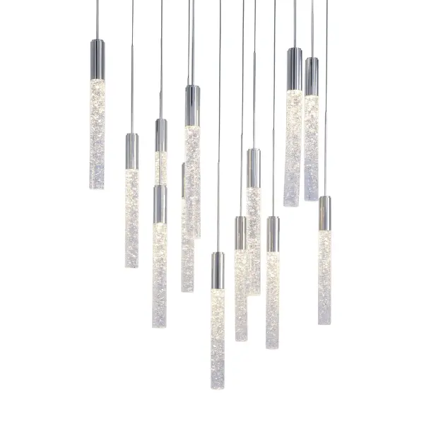 The Magic Multilight Pendant transforms spaces with sparkling Piastra crystal elements arranged in an artistic 20-inch configuration. High-output LED technology delivers 4900 lumens while the crystallized glass creates dramatic light play.