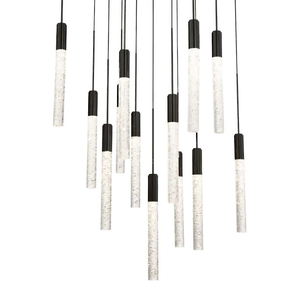 The Magic Multilight Pendant transforms spaces with sparkling Piastra crystal elements arranged in an artistic 20-inch configuration. High-output LED technology delivers 4900 lumens while the crystallized glass creates dramatic light play. - alternate view