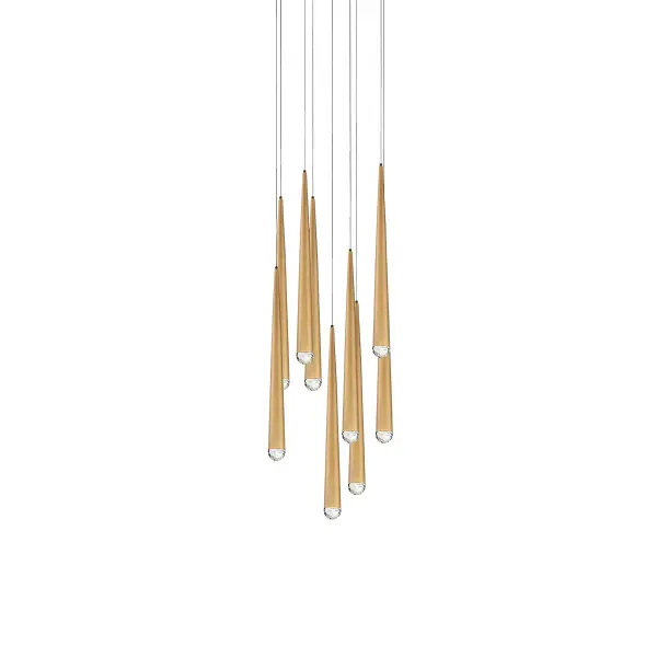 The Cascade Multilight Pendant combines aged brass sophistication with hand-cut crystal caps for understated luxury. Nine integrated LED modules deliver 3,377 lumens of warm 3500K light with exceptional 90 CRI color rendering.