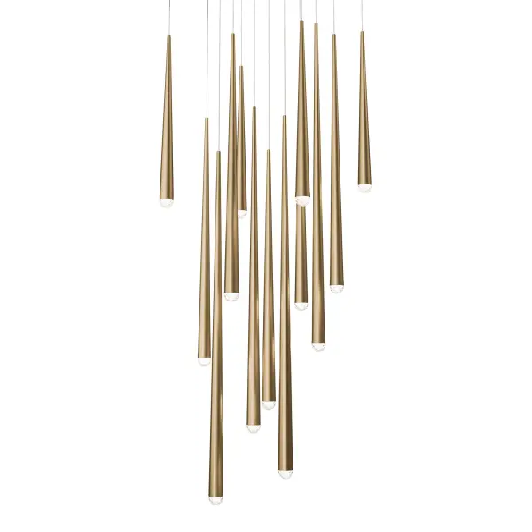 The Cascade multilight pendant combines 13 LED modules with crystal diffusers to create a stunning focal point. Its aged brass finish and contemporary design deliver both artful aesthetics and powerful 6,319 delivered lumens.