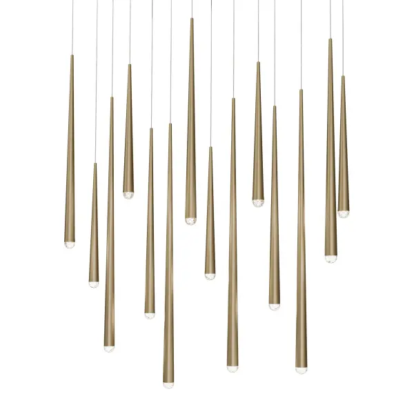 The Cascade multilight pendant delivers sophisticated glamour with 14 LED modules producing 6,805 lumens. Its 40-inch linear design and aged brass finish create an artful statement perfect for grand dining spaces and commercial installations.