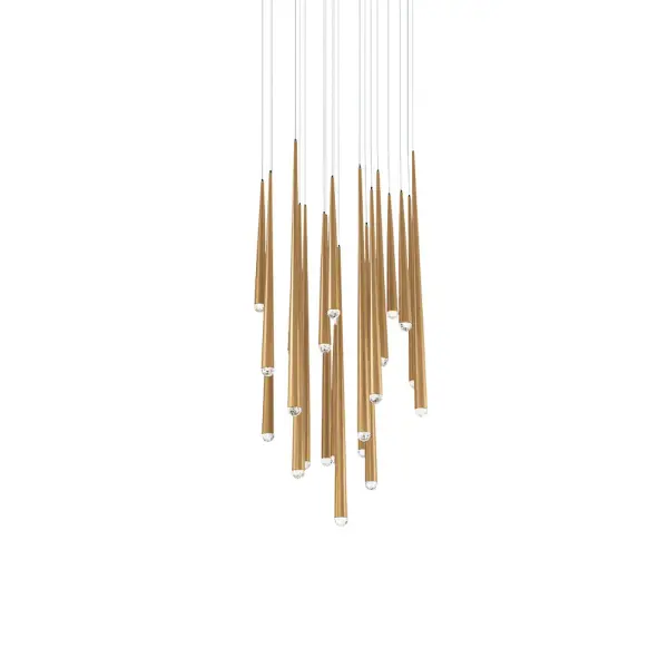 The Cascade multilight pendant combines minimalist design with luxurious details. Twenty-one LED modules deliver exceptional illumination while hand-cut crystal caps add refined glamour. The aged brass finish brings warmth and sophistication.