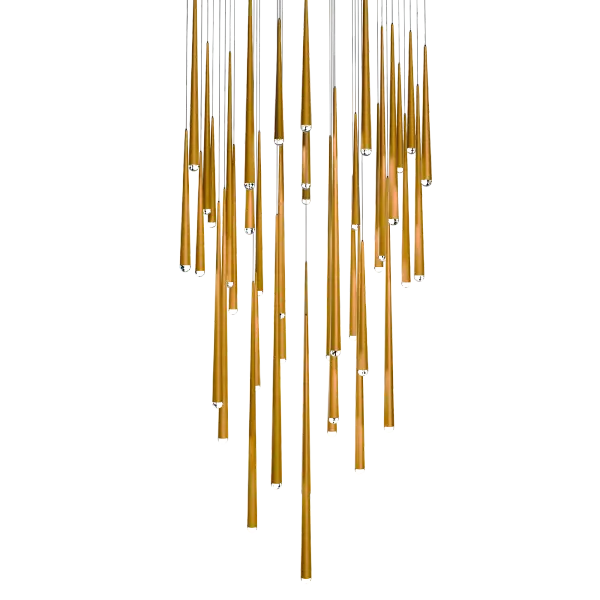 This impressive 36-inch multilight pendant features 41 LED modules cascading through crystal diffusers, delivering both spectacular visual impact and exceptional illumination. The aged brass finish adds warmth while the high CRI ensures true color rendering.
