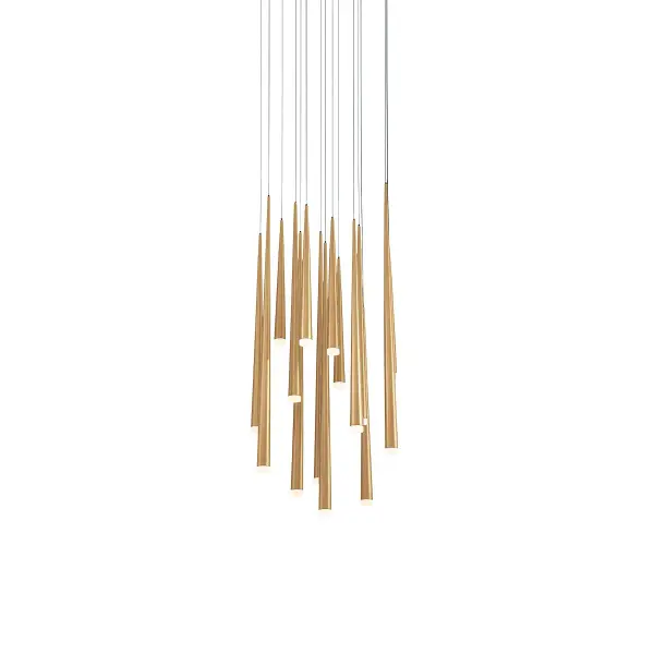 The Cascade multilight pendant combines understated luxury with high-performance LED technology. Fifteen integrated modules deliver 8,477 lumens with exceptional 90 CRI, while aged brass finish and etched caps create sophisticated visual interest.