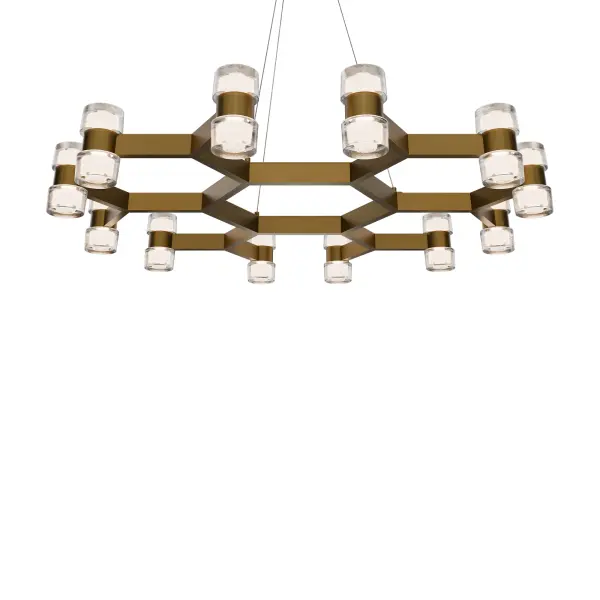 The Dashe chandelier features twelve paired crystal rods arranged in a graceful circular dance, creating dramatic visual interest. Its figure-eight brackets add sculptural dimension while crystal shards catch light beautifully. The warm 3000K LED illumination and aged brass finish deliver sophisticated ambiance for contemporary and transitional spaces.
