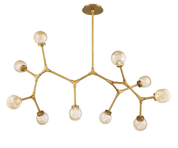 The Catalyst Linear Pendant is a breathtaking 51-inch statement piece featuring hand-blown free-form art glass. Perfect for creating dramatic focal points in dining rooms, great rooms, or commercial lobbies with its luxurious aged brass finish.