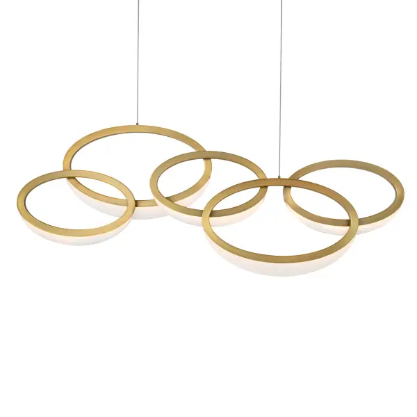 The Orion chandelier features interlocking circular rings with Spanish alabaster diffusers that create stunning ambient light. Its 46-inch linear design and aged brass finish make it a sophisticated statement piece for modern interiors.