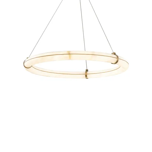 The Clique pendant delivers dramatic visual impact through natural Spanish alabaster that creates mesmerizing patterned luminescence. Its substantial 31-inch diameter and warm aged brass accents make it a sophisticated centerpiece for dining rooms and grand spaces.