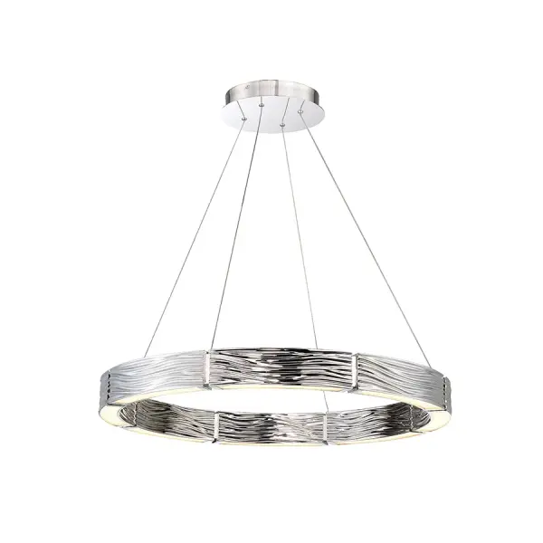 The Zelda Chandelier transforms spaces with its artisan-sculpted ripple design that mimics flowing water. The 29-inch die-cast aluminum ring creates dramatic visual interest while the integrated LED and opal diffuser provide soft, energy-efficient illumination.