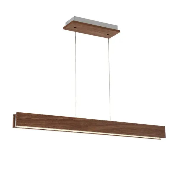The Drift Linear Pendant combines minimalist design with natural warmth through its dark walnut finish and clean 38-inch profile. Integrated LED modules deliver even, glare-free illumination through sanded glass diffusion, making it perfect for task and ambient lighting over islands and tables.