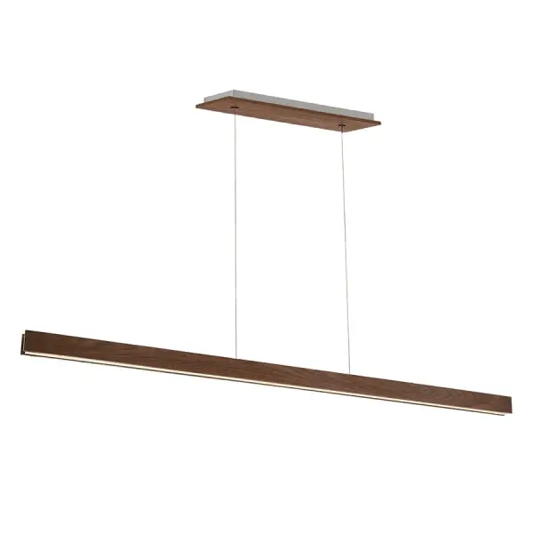 The Drift Linear Pendant masterfully combines warm dark walnut wood with sleek aluminum hardware and diffused LED lighting. At 84 inches long, it makes a bold statement over large dining tables or kitchen islands while delivering even, glare-free illumination.