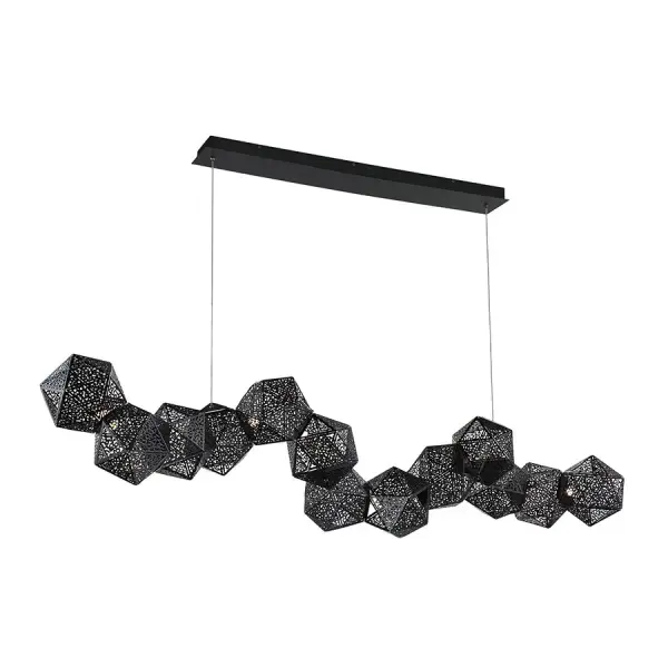 The Riddle Linear Pendant transforms functional lighting into sculptural art with its wet-etched steel pattern inspired by Islamic geometry and Sol Lewitt. High-performance LED modules behind an acrylic diffuser create glare-free illumination while casting stunning shadow patterns.