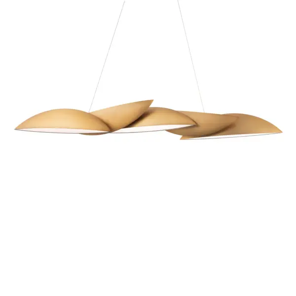The Sydney Chandelier brings bold architectural drama with its 56-inch linear form inspired by iconic opera house design. High-performance LED delivers 3600 lumens with exceptional 90 CRI, while the aged brass finish adds warmth to contemporary spaces.