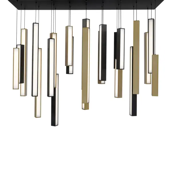 The Chaos collection delivers on its name with 23 LED modules arranged like falling piano keys, creating an artful cascade of light. This 54" linear pendant combines high output (29,621 lumens) with artistic design in mixed metal finishes.