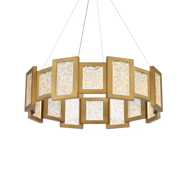 The Fury chandelier merges Hollywood glamour with contemporary efficiency, featuring 16 integrated LED modules encased in lustrous art glass panes. Its 28-inch profile delivers 1,871 lumens of warm 3000K light with exceptional 90 CRI color rendering.