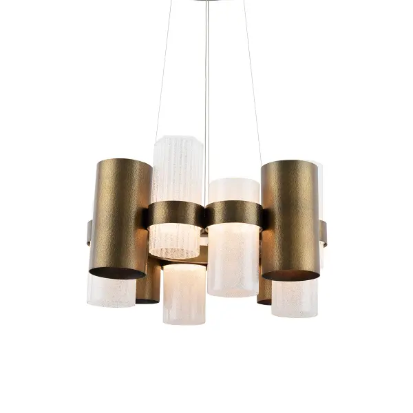 The Harmony Chandelier combines innovative textured finishes with grooved glass cylinders and beaded glass accents. At 27 inches wide, it delivers 4500 lumens of warm 3000K light through 12 integrated LED modules with exceptional 90 CRI.