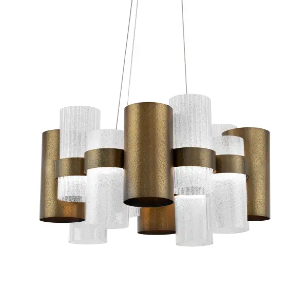 The Harmony chandelier combines textured aged brass finish with grooved glass cylinders and beaded glass accents. At 34.5" wide, this substantial fixture delivers 6,250 lumens through 18 integrated LED modules, perfect for grand dining spaces.