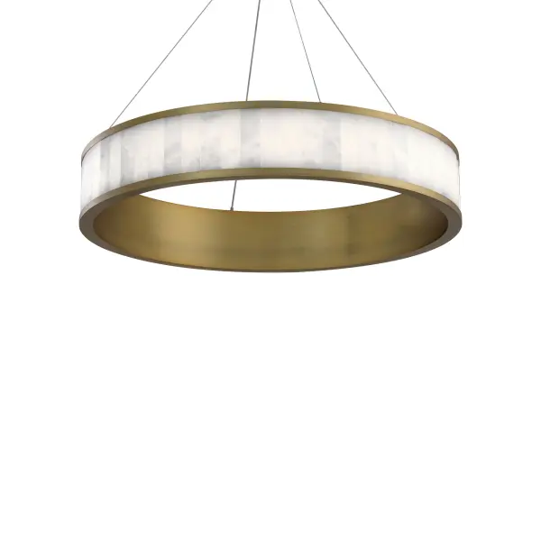 The Coliseo pendant combines natural Spanish alabaster tiles with aged brass metalwork for sophisticated ambient lighting. Its 28-inch width and integrated LED technology make it ideal for dining spaces and kitchen islands.