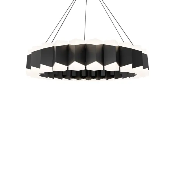The Dolman chandelier makes a bold architectural statement with its interconnected triangular design inspired by Elizabethan ruffs. Integrated LEDs provide warm, ambient illumination both up and down through frosted acrylic points.