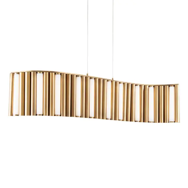 The Aretha Linear Pendant brings mid-century sophistication with its innovative wave of geometric aged brass cylinders. Perfect for long dining tables or commercial spaces, this 45-inch fixture creates visual movement from every angle.
