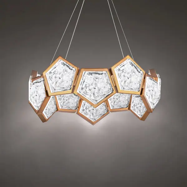 A breathtaking statement piece featuring reclaimed crystal shards in geometric arrangements. Ultra-clean architectural design with concealed driver and thin aircraft cables creates a floating effect. High CRI LED delivers warm, glittering light.