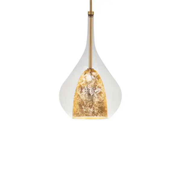 The Helios Mini Pendant combines mouth-blown clear glass with a hand-leafed gold inner dome, creating a stunning visual effect. Its compact 10-inch width and warm 3000K LED light make it perfect for intimate spaces or grouped installations.
