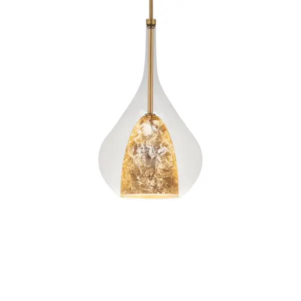 The Helios Mini Pendant combines mouth-blown clear glass with a hand-leafed gold inner dome, creating a stunning visual effect. Its compact 10-inch width and warm 3000K LED light make it perfect for intimate spaces or grouped installations.