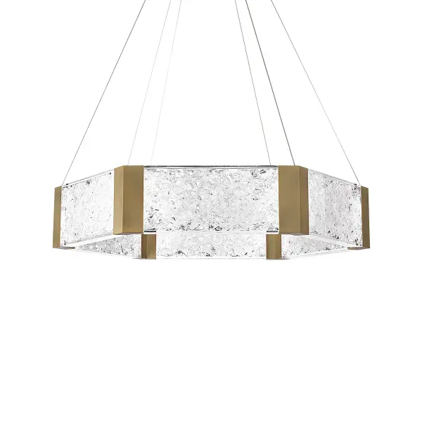 This spectacular chandelier combines reclaimed K5 crystal panels with hidden LED technology for a luxurious, contemporary statement piece. The aged brass finish and suspended cable design create visual drama while delivering exceptional illumination.
