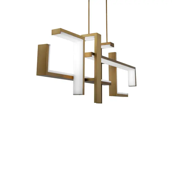 The Jackal Linear Pendant creates an intriguing visual display with parallel lines of finely-finished aged brass and integrated LED light. At 56 inches long, this modern fixture delivers exceptional illumination with 6,312 lumens while maintaining energy efficiency at just 40 watts.