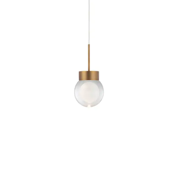 The Double Bubble Mini Pendant transforms LED technology into art with its optically perfect K9 crystal sphere featuring laser-etched concentric bubbles. The aged brass finish adds warmth while the geometric design creates a floating light effect.