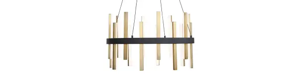 The Harmonix chandelier transforms any space with its dynamic, instrument-inspired design. Featuring 16 LED modules in a striking black and aged brass finish, this 24-inch fixture delivers 5040 lumens of warm 3000K light with exceptional 90 CRI color rendering.