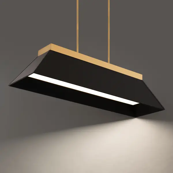 The Bentley Linear Pendant combines hand-stitched black leather with aged brass for a romantic modern aesthetic. At 44 inches long, it delivers exceptional illumination with 5,373 lumens while making a bold design statement.