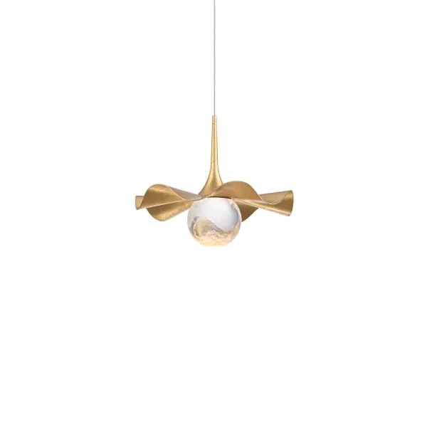 The Brimm Mini Pendant transforms lighting into art with its hand-applied gold leaf finish and cloudy acrylic diffuser. At 9 inches wide, this compact fixture delivers dramatic visual impact while providing soft, ambient illumination perfect for intimate spaces.