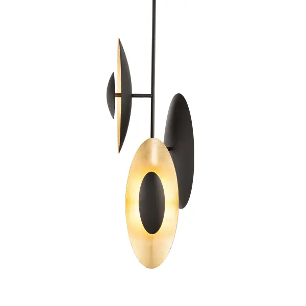 The Trixie Pendant transforms lighting into art with its dramatic oval gold leaf ring suspended within a sleek vertical form. This 30-inch LED fixture delivers 904 lumens of warm 3000K light while making an unforgettable visual impact.