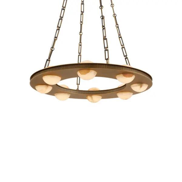 The Lorelei transforms traditional chandelier design with its striking 28-inch circular frame of ribbed white jade and aged brass. Selectable color temperature (2700K-4000K) and exceptional light output make it both beautiful and functional.