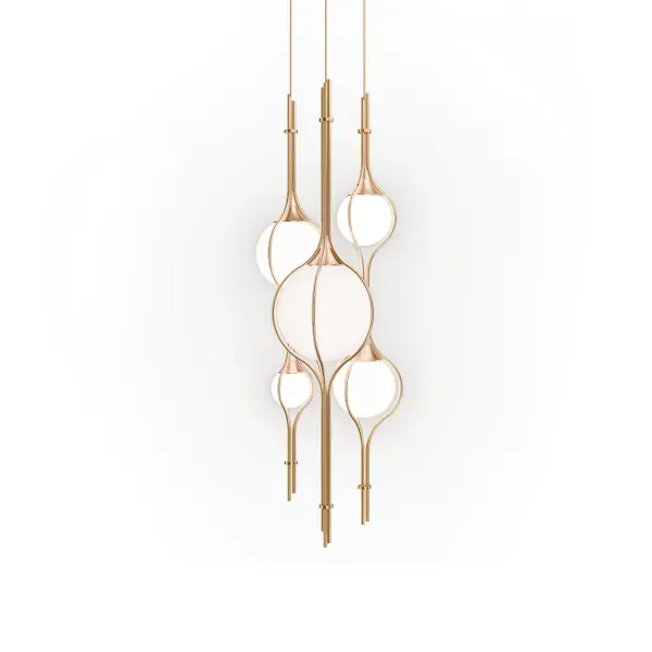 The Skyla transforms lighting into architectural art with five cascading opal glass orbs suspended at varying heights. Its vintage brass finish and sculptural presence make it a commanding centerpiece that delivers both ambient illumination and visual drama. - alternate view