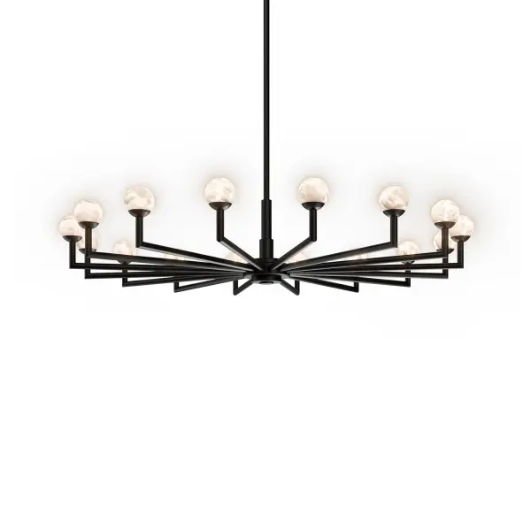 The Glamis Pendant delivers sculptural drama through its striking radial design and luminous alabaster spheres. With 16 integrated LED modules producing 3,893 lumens, this 33-inch chandelier commands attention while providing efficient, high-CRI illumination perfect for grand spaces.