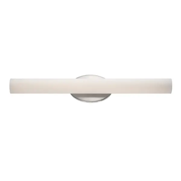 The Loft vanity light combines clean mid-century lines with mouth-blown etched opal glass for glare-free illumination. Its 24-inch width and integrated 3000K LED delivers warm, energy-efficient light perfect for bathrooms and hallways.