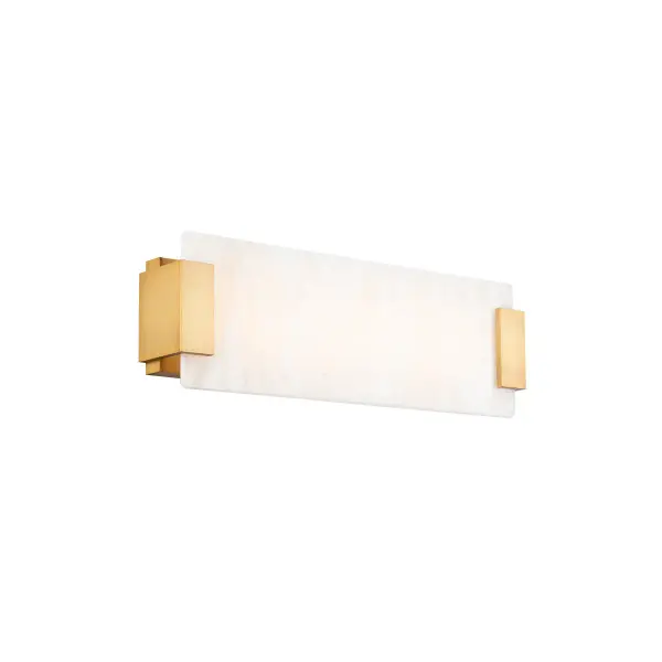 The Quarry vanity light showcases translucent Spanish alabaster beautifully backlit by energy-efficient LEDs. Its 18-inch width and aged brass finish bring timeless elegance to bathrooms while delivering excellent color rendering.