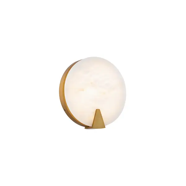 The Ophelia wall sconce combines luxurious natural alabaster with clean architectural lines in aged brass. Its compact 10" profile delivers warm, diffused LED light perfect for intimate spaces while showcasing rich stone veining.